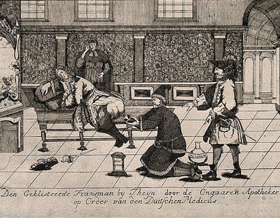A Frenchman receiving an enema from a Hungarian apothecary by order of a Dutch doctor (1742) 