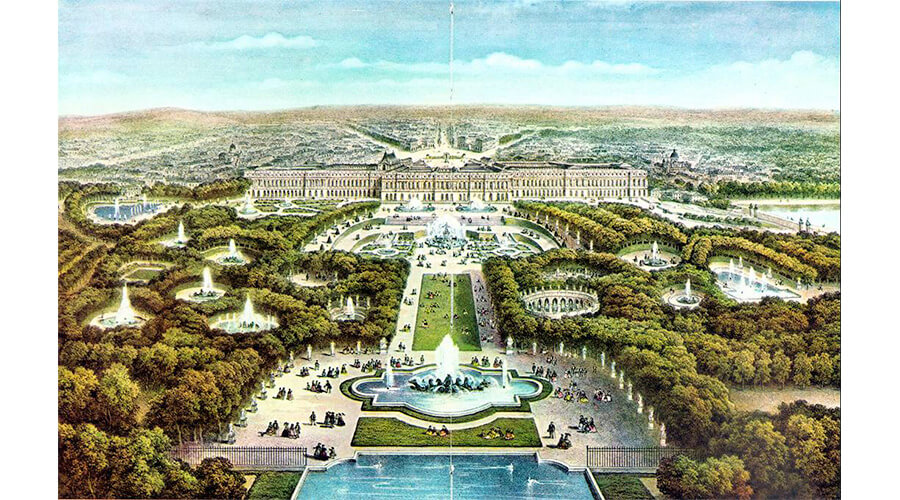 Vista geral do palácio e jardins de Versailles em 1668