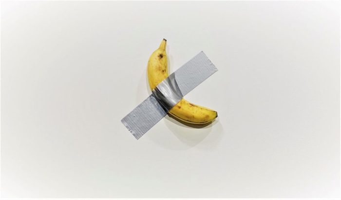Maurizio Cattelan's Comedian, for sale from Perrotin at Art Basel Miami Beach. Photo by Sarah Cascone.