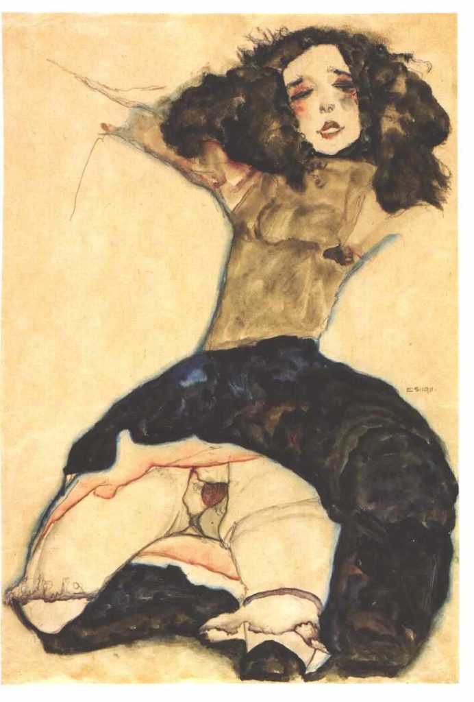 retratos de prostitutas. Schwarzhaariges Mädchen mit hochgeschlagenem Rock ,1911