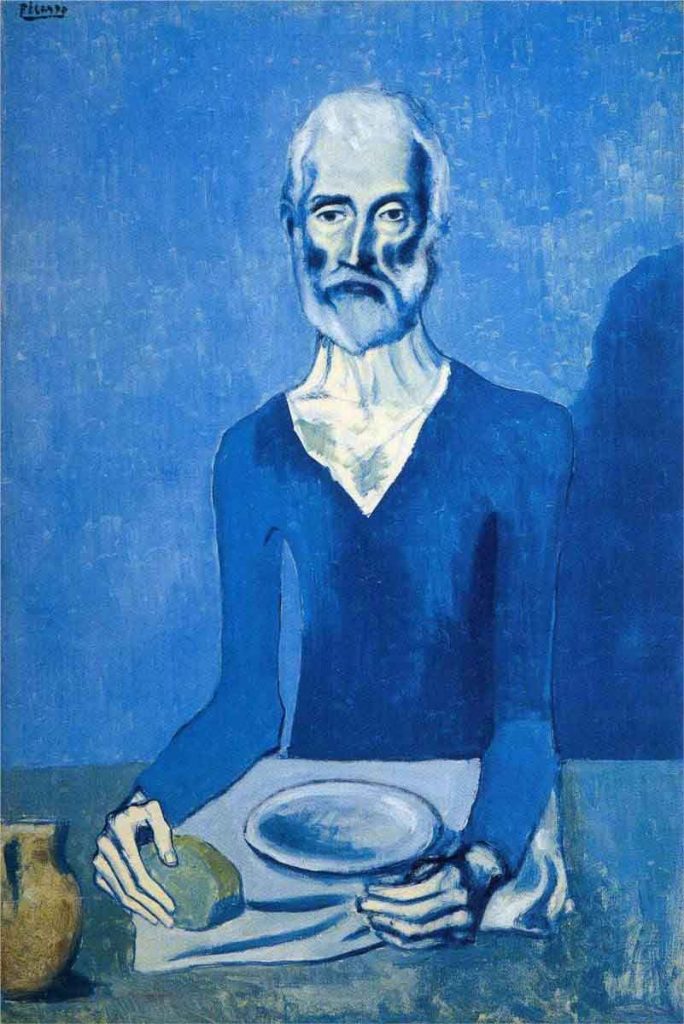 O Asceta Fase Azul, 1903, representa uma das obras mais características da fase azul por fazer referência à fome.