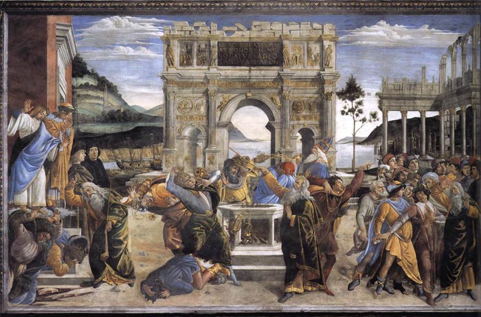Sandro Botticelli, o castigo de Coré e o apedrejamento de Moisés e Arão, 1481-82, fresco, Capela Sistina, Vaticano
