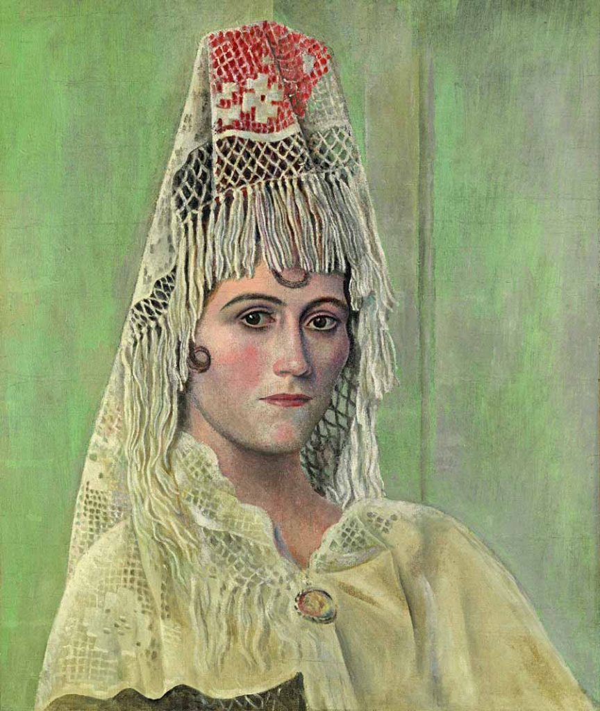Olga Kokhlova à la mantille, 1917, retrato de sua esposa.