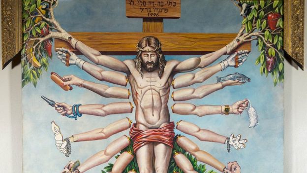 arte queer; Jesus crucificado com os múltiplos braços da deusa do hinduísmo
