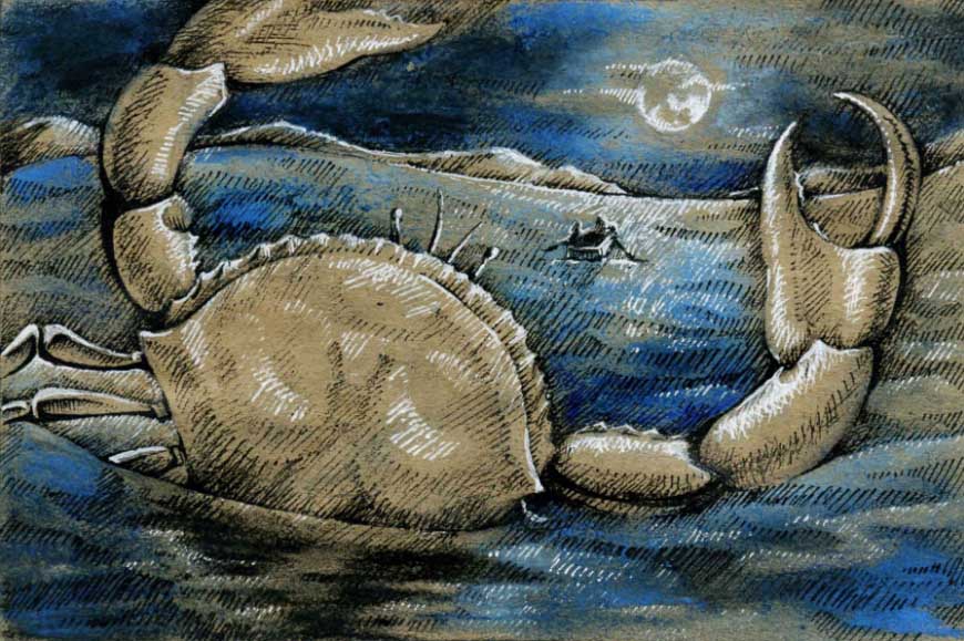 “O caranguejo que brincava no mar”, xilogravura de Rudyard Kipling ilustrando um dos seus livros chamados Just So Stories (1902).