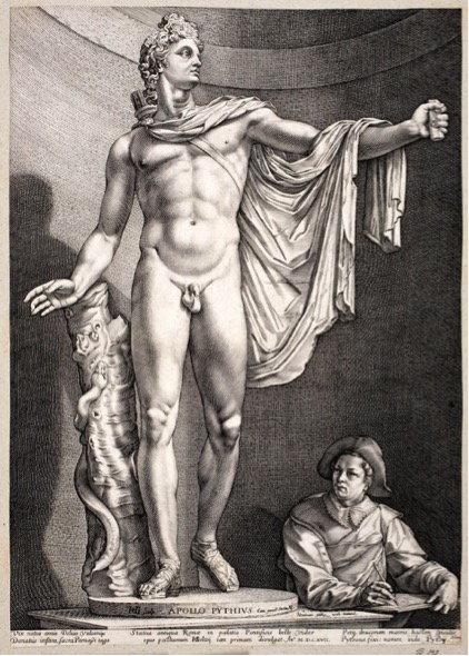 apolo; Hendrick GOLTZIUS (1558-1617) O Apolo de Belvedere, 1592. Gravura, 413 x 291. Public Domain. Statens Museum for Kunst, Copenhagen, Dinamarca
