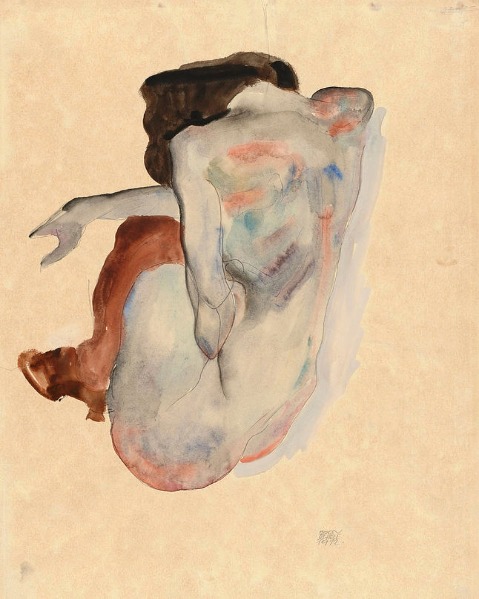 Crouching Nude in Shoes and Black Stockings, Back View. Artist: Egon Schiele (Austrian, Tulln 1890-1918 Vienna).