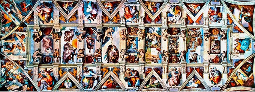 MICHELANGELO (1475-1564) Teto da Capela Sistina. Porção central, sibilas e profetas, triângulos, pendículos, cabeceira e fundo da Capela. Fresco, 1508-1512. Cappella Sistina, Palazzi Pontifici, Vatican, Itália.