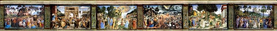 Cenas do Velho Testamento representadas na parede sul. Cappella Sistina, Palazzi Pontifici, Vatican, Itália.