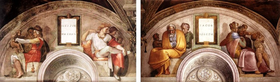 MICHELANGELO (1475-1564) DETALHE: Ancestrais de Cristo junto às lunetas da parede de entrada. Eleazar e Mathan. Jacob e José. Fresco, ca. 1511-1512. 215x430. Palazzi Pontifici, Vatican, Itália.