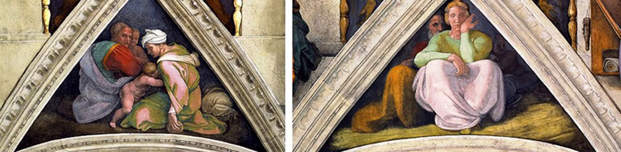 MICHELANGELO (1475-1564) DETALHE- As histórias dos Ancestrais de Cristo encontram-se ajustados nos triângulos acima das lunetas. Cappella Sistina, Palazzi Pontifici, Vatican, Itália