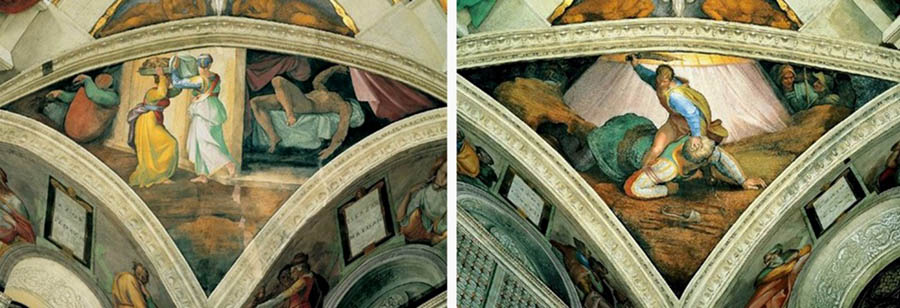 MICHELANGELO (1475-1564) DETALHE: Cenas bíblicas distribuídas nos pendículos[8]. Fresco, 1508-1512. Palazzi Pontifici, Vatican, Itália.