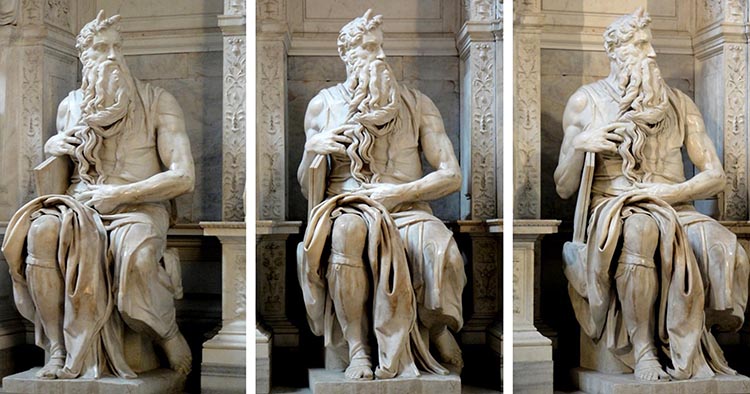 MICHELANGELO (1475-1564) Moisés com as tábuas da lei, ca. 1505-1545.Escultura em Mármore, 2, 35 metros de altura. Mausoleo de Giulio II. Basilica di San Pietro in Vincoli, Roma, Itália. 