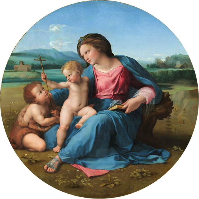 RAFAEL de Sanzio (1483-1520) Madona de Alba, ca. 1510. Óleo sobre painel transferido para tela, 94,5 de diâmetro. National Gallery of Art, Washington, EUA. 