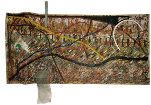 Uniarticulado, 2010 Vergalhão, esponja de aço, folha de ouro, arame de cobre, barbante, etc sobre papel (70 x 90 cm)