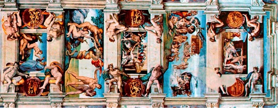MICHELANGELO (1475-1564) DETALHE: Da esquerda para à direita: Criação da Mulher; Expulsão de Adão e Eva do Paraíso; Sacrifício de Noé; Dilúvio e Embriaguez de Noé. Fresco, 1508-1512, Palazzi Pontifici, Vatican, Itália.