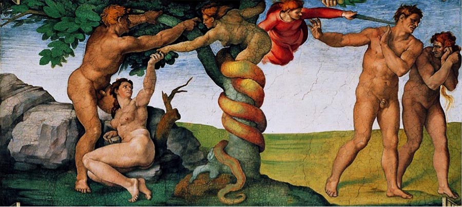 MICHELANGELO (1475-1564) DETALHE: Pecado original e expulsão do Paraíso. Fresco, 1508-1512.Cappella Sistina, Palazzi Pontifici, Vatican, Itália.