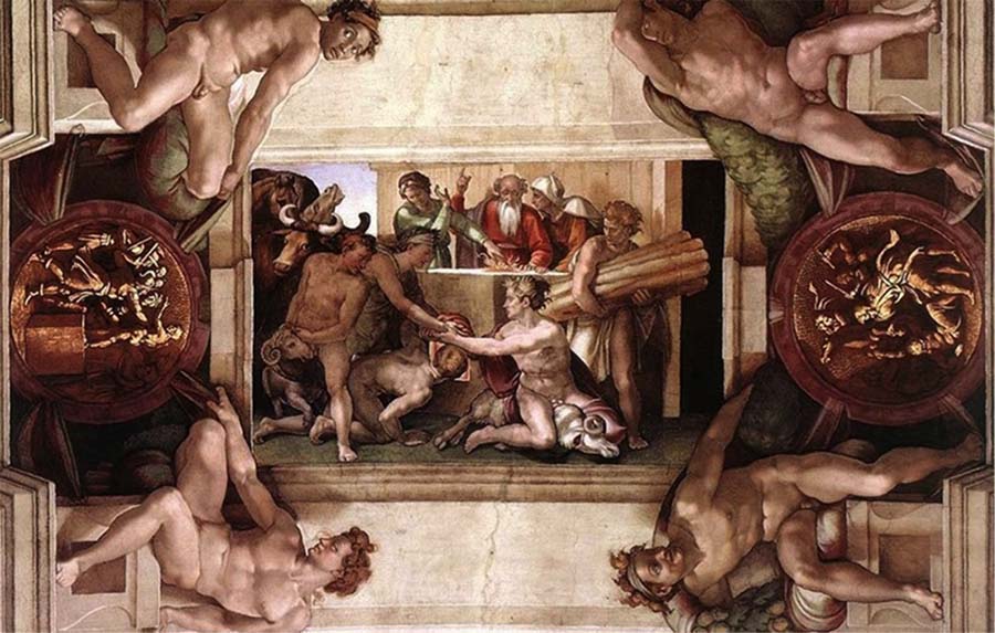 MICHELANGELO (1475-1564) DETALHE: Sacrifício de Noé. Fresco, 1508-1512. Palazzi Pontifici, Vatican, Itália.