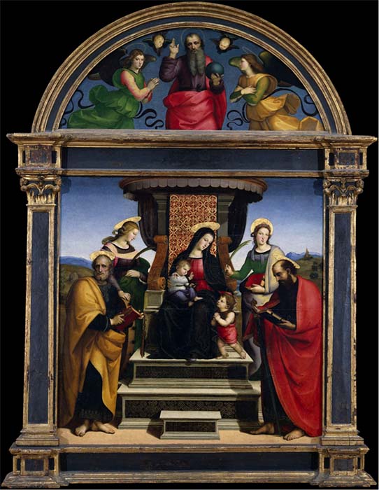 RAFAEL de Sanzio (1483-1520) Madona e o Menino Entronados com Santos, ca. 1504. Óleo e ouro sobre madeira. 169.5x168.9. Luneta, 171,5x64,8. The Metropolitan Museum of Art, Nova York, EUA.