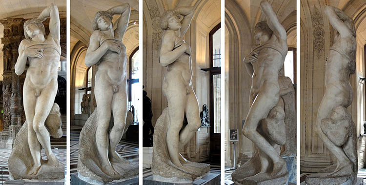 MICHELANGELO (1475-1564) O Escravo moribundo, 1513-1516. Escultura inacabada em Mármore, 2, 29 metros de altura. Musée du Louvre, Paris, França. Disponível em: https://www.louvre.fr/en/mediaimages/captif-lesclave-mourant-michel-ange-michelangelo-buonarroti-dit. Acesso em: 29 jul. 2019.