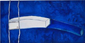 homenagem a yves klein à maneira de philip guston, 2002 Acrílica azul ultramar, branco e prata, óleo azul ultramar e branco, grafite, alumínio amassado, fio de ouro, parafusos, etc. (60 x 120 cm)
