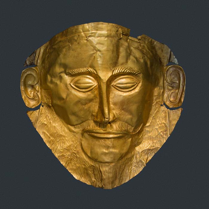 arte grega; Máscara funerária, que é, por vezes, atribuída a Agamémnon, 1500 a.C., 26 cm de altura, Museu Arqueológico Nacional de Atenas.