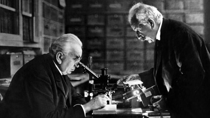 Auguste and Louis Lumiere in their laboratory in Lyon, France (c.1892)