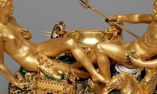 Benvenuto CELLINI (1500-1571) DETALHE. Saleiro, 1543. Saleiro em ouro cinzelado e esmalte, sobre base de ébano. Kunthistorisches Museum, Viena, Áustria.