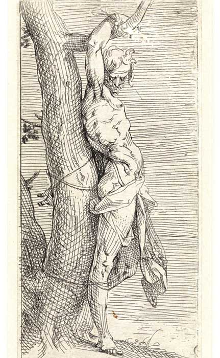 Maneirismo nos Países Baixos; Bartholomeus SPRANGER (1546-1611) O Martírio de São Sebastião, 1557-1564. Gravura, 20,6×9,1. (Gravura cortada na vertical, com o nome do artista) Hollstein Dutch 3. Rijksmuseum, Amsterdam, Holanda. 