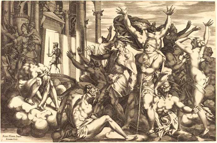 Escola de Fontainebleau; René BOYVIN (ca. 1525-1598 ou1625/6) depois de ROSSO FIORENTINO (1494-1540) A Conquista da Ignorância, ca. 1560. Gravura, 28.7x42.5. Robert-Dumesnil, no. 161. National Gallery of Art, Washington, EUA.