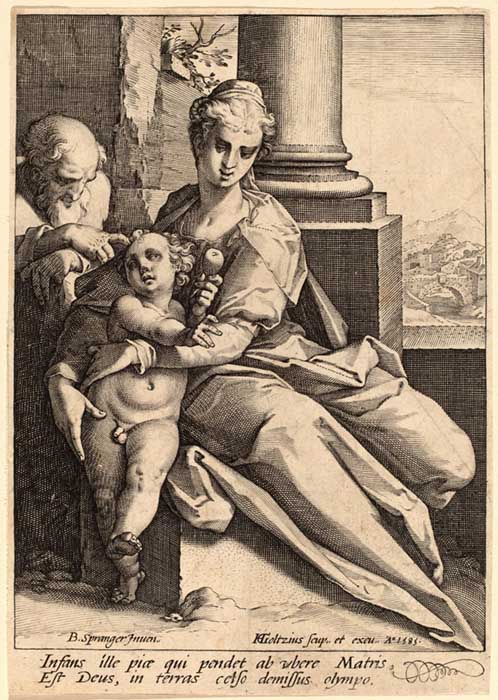 Hendrick GOLTZIUS (1558-1617) depois de Bartholomaeus SPRANGER (1546-1611) Sagrada Família, 1585. Gravura, 16.7x11.8. New Hollstein 1996, no. 337, State I/III. National Gallery of Art, Washington, EUA.  