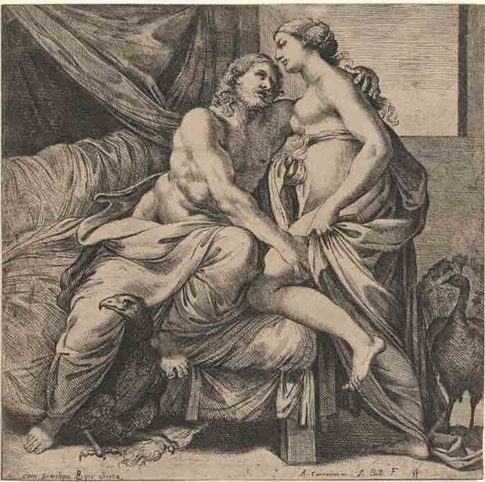
Zeus;  Jacques BELLY (1609–1674) depois de Annibale CARRACCI5 (1560-1609) e Agostino CARRACCI (1557-1602) Júpiter abraçando Juno, do Palácio Farnese, 1641. Gravura, 22.5×15. The Metropolitan Musem of Art. Nova Iorque, EUA.