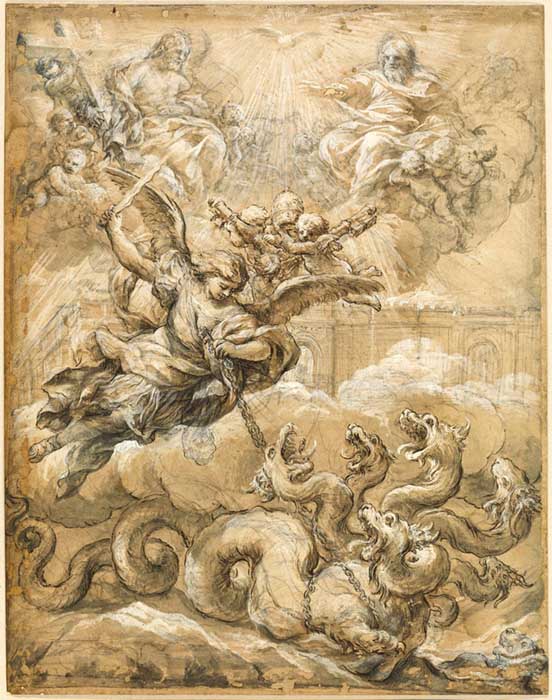 Pietro da CORTONA (1596 -1669) A Santíssima Trindade com São Miguel conquistando o dragão, 1656-1669. Desenho à pena e tinta marrom espalhada, giz preto e branco sobre cartão pardo, 45,8x35,7