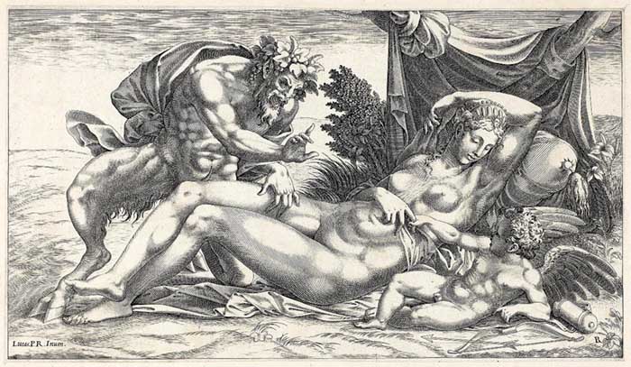 René BOYVIN (ca. 1525-1598 ou 1625/6) após Luca PENNI (1500-1557), Júpiter e Antíope, 1550/1559. Gravura, 162×286. Art Institute of Chicago, Chicago, EUA.  