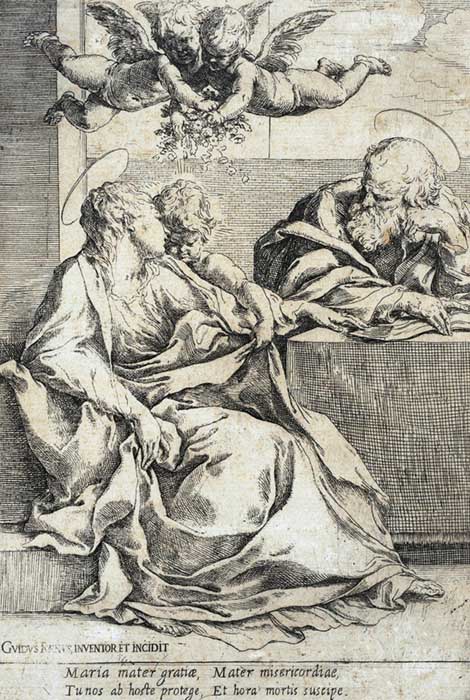 Graça e beleza no Barroco italiano; Guido RENI (1575-1642) A Sagrada família com dois anjos, ca. 1600-1640. Gravura, 22.86×15.88. Los Angeles County Museum of Art, Los Angeles, EUA. 