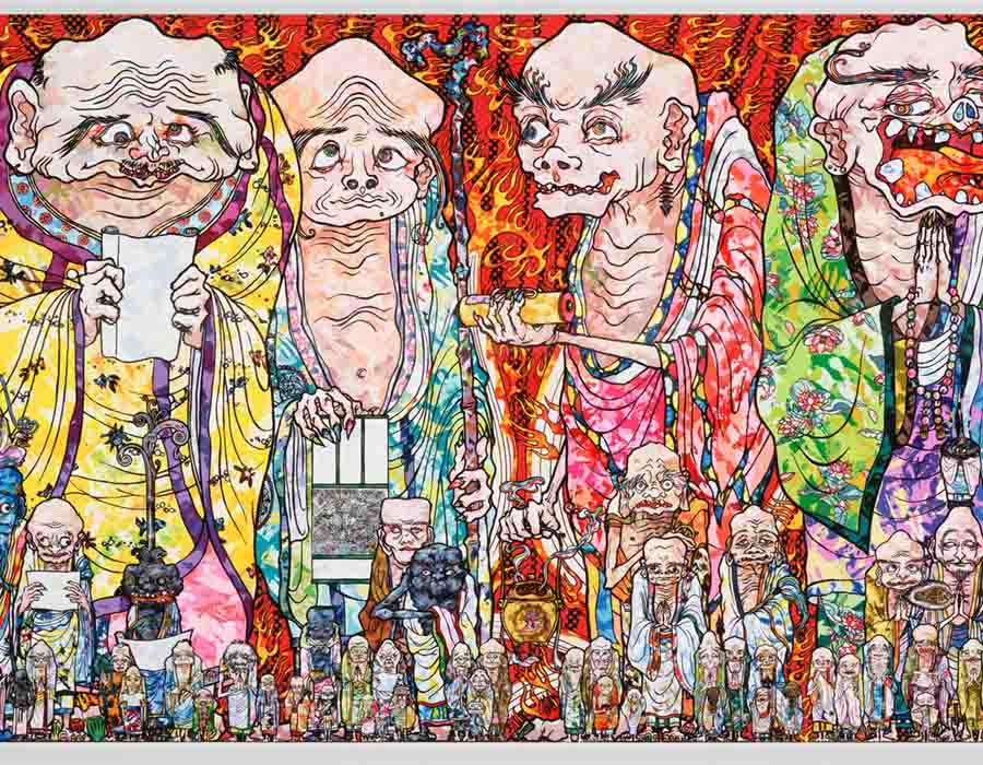 Murakami; Arhats: The Four Heavenly Kings, 2016 Acrylic on canvas mounted on aluminium frame 120 x 196.2 cm Collection of PERROTIN Courtesy of the artist and PERROTIN ©2016 Takashi Murakami/Kaikai Kiki Co., Ltd. All Rights Reserved.