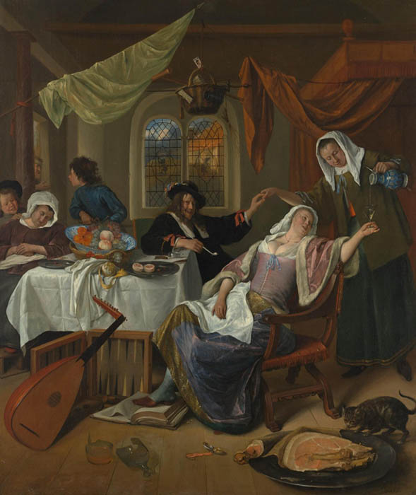 Cenas de gênero na Holanda; Jan Havicksz. STEEN (ca. 1626-1679) A Família dissoluta, ca. 1663–64. Óleo sobre tela, 108x90.2. The Metropolitan Museum of Art, Nova York, EUA.