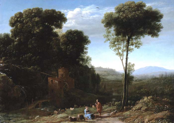 Claude LORRAIN (ca. 1600/5-1682) Paisagem pastoral com um moinho, 1634. Óleo sobre tela, 59.06×82.87. Los Angeles County Museum of Art, Los Angeles, EUA.  