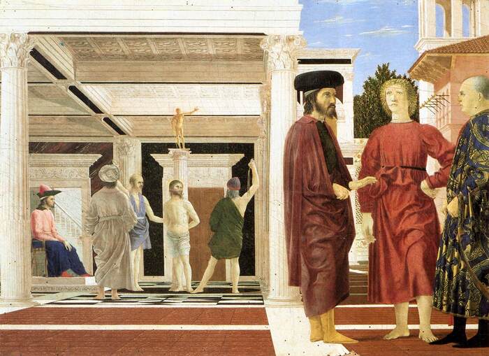 Piero della Francesca, A Flagelação, 1460, Óleo e Têmpera sobre painel, 58,4x81,5cm, Galleria Nazionale delle Marche - Urbino, Itália
