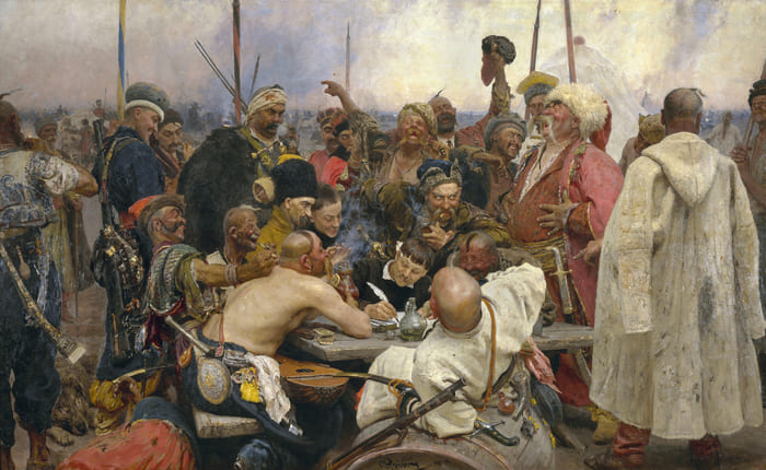 “Os cossacos de Zaporozhye em resposta ao sultão”, Ilya Repin, 1891, Óleo sobre Tela, 217 x 361 cm, Russian Museum, St Petersburg