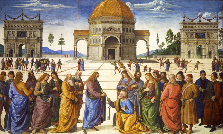 “A Entrega das Chaves”. Pietro Perugino, 1481, Afresco, 330 x 550 cm, Capela Sistina, Vaticano