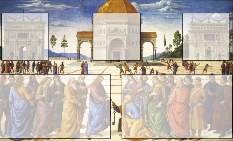 “A Entrega das Chaves”. Pietro Perugino, 1481, Afresco, 330 x 550 cm, Capela Sistina, Vaticano