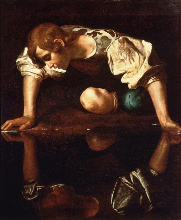 Narciso. Caravaggio, 1594 – 96.  Óleo sobre Tela, 110 x 92 cm. Galleria Nazionale d´Arte Antica.; pintura figurativa