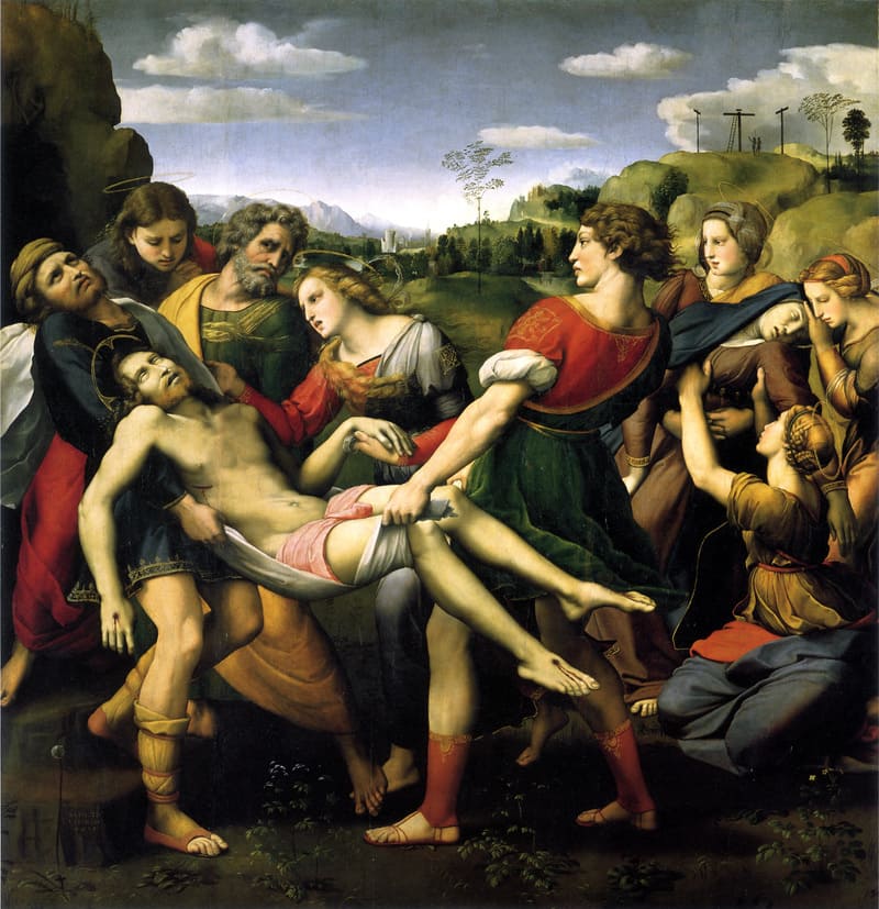 A deposição. Raffaello Sanzio, 1507.  Óleo sobre Painel, 184 x 176 cm. Galleria Borghese.; pintura figurativa