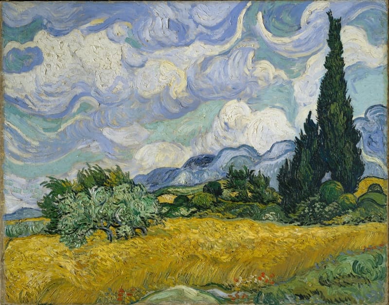 Campo de trigo com ciprestes. Vincent Van Gogh, 1889.  Óleo sobre Tela, 73 x 93,4 cm. Metropolitan Museum of Art.