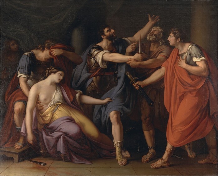 Gavin HAMILTON (1723-1798) A Morte de Lucretia ou O Juramento de Brutus, 1763-1767. Óleo sobre tela, 213.4x264.2. Yale Center for British Art. Paul Mellon Collection, New Haven, CT, EUA.