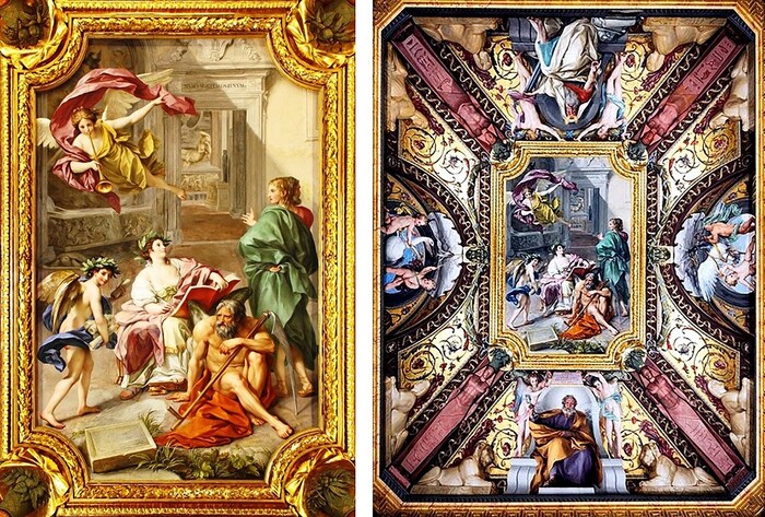 Neoclassicismo; Anton Raphael MENGS (1728-1779) em colaboração com Cristoforo Unterperge (1732-1798) O triunfo da história ao longo do tempo, 1772-1773. Fresco no teto da Sala dei Papiri do Museo Cristiano/Musei Vaticani, Itália.
