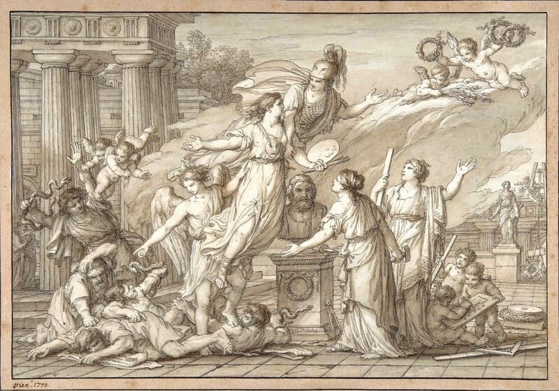 Joseph-Marie VIEN (1716-1809) Alegoria das Artes, 1796. Caneta e tinta preta, pincel e aquarela marrom, e desenho sobre papel, 24.4x35.8.  The Metropolitan Museum of Art, Nova York, EUA. 