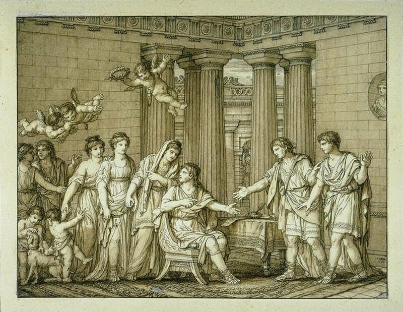 O Contrato, conhecido também como Assinatura do contrato de casamento II, 1798. Caneta e tinta marrom, pincel e aquarela marrom, e desenho sobre papel, 21,8x28,5. Musée du Louvre, Paris, França