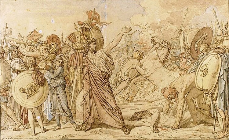 Jean-Auguste-Dominique INGRES (1780-1867) Rômulo, conquistador de Acron. Desenho.  Caneta e tinta marrom, aquarela e lápis preto. 31x50,7. Musée du Louvre, Paris, França. 